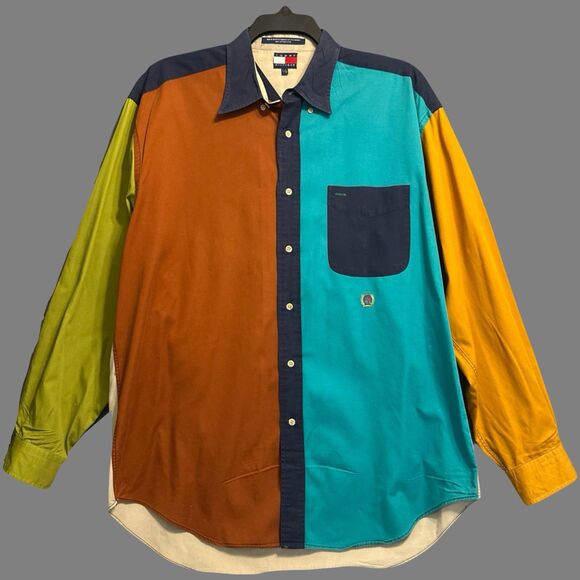 VTG 90s Tommy Hilfiger Color Block Button Down Shirt Mens Large Pocket Crest L/S - Picture 1 of 8